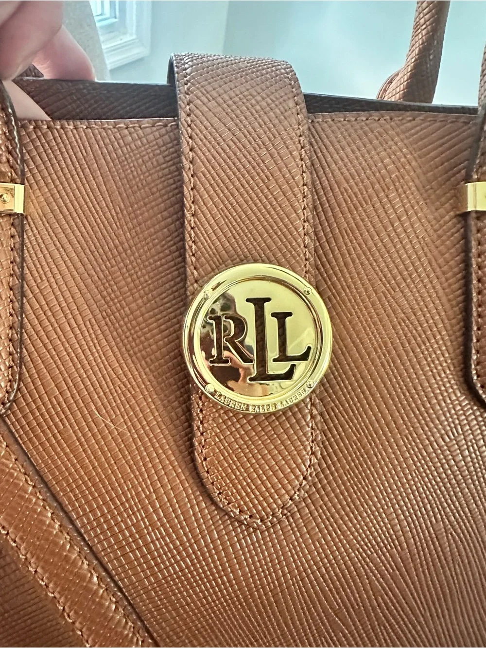 Ralph Lauren Cognac Textured Leather Satchel with Gold Logo
